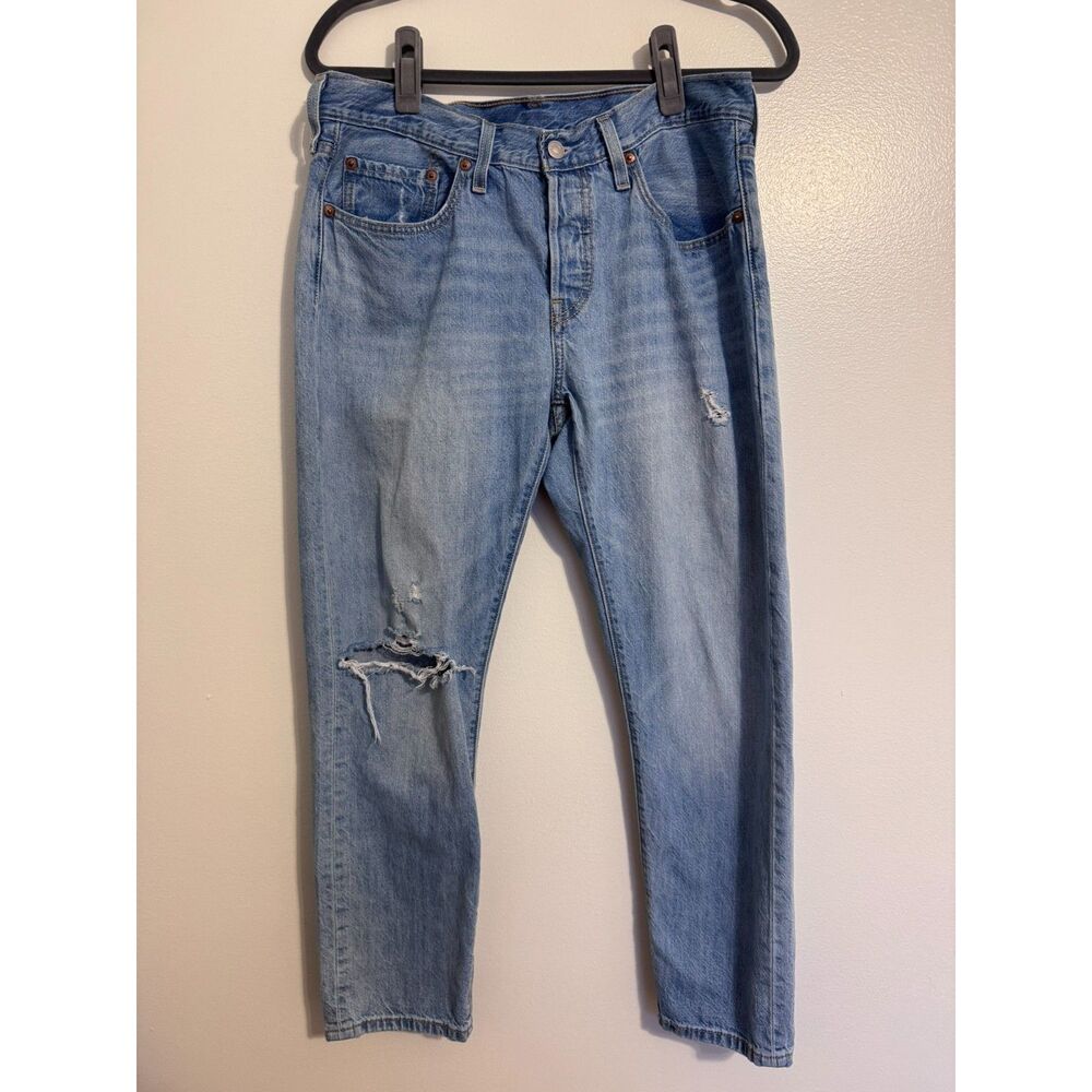 Levi's 501 T Taper Jeans Women's Men's 30x28 Light Wash Distressed Denim - Picture 1 of 5